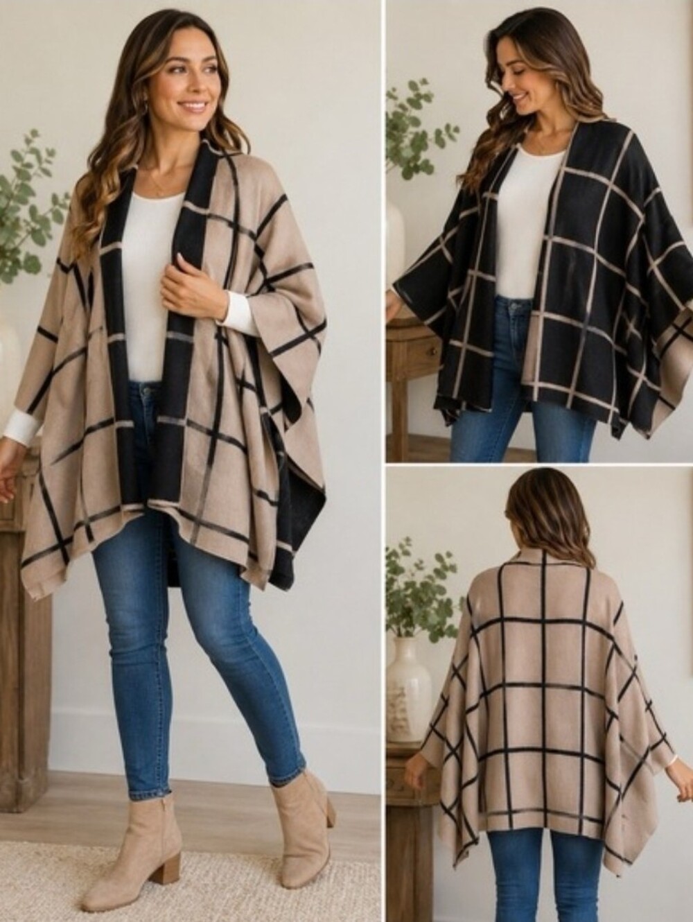 Moss Rose Plaid Open-Front Poncho - Beige/Black